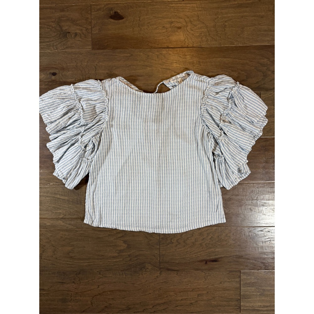 Chelsea & Theodore Blue White Striped Ruffle Sleeve Seersucker Blouse Small‎